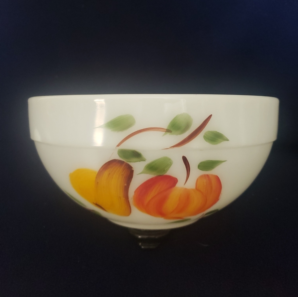 Vtg Fire King Hand Painted Fruits 8.75” Milk Glass Mixing Bowl 1950’s “Gay Fad”